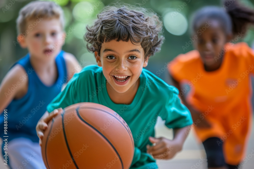 Children playing basketball outdoors on sunny day. Boy dribbling basketball ball with friends at city street