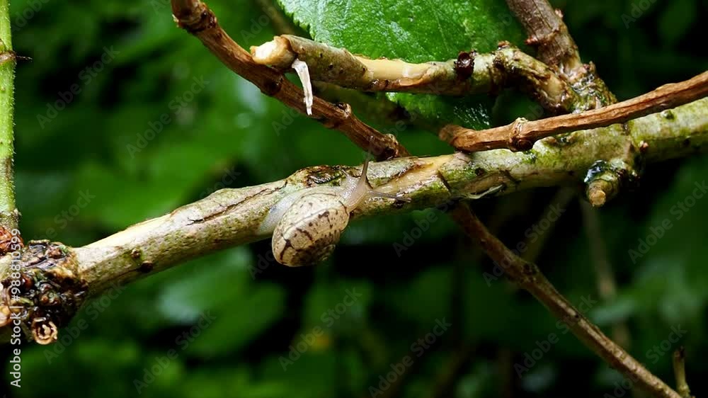 A snail crawls along a tree branch A snail crawls along a tree branch