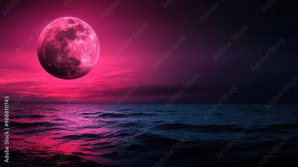 Surreal dreamscape with a giant moon hovering above a calm ocean, its reflection shimmering in multicolored waves and illuminated by ethereal lights Surreal dreamscape with a giant moon hovering above a calm ocean, its reflection shimmering in multicolored waves and illuminated by ethereal lights