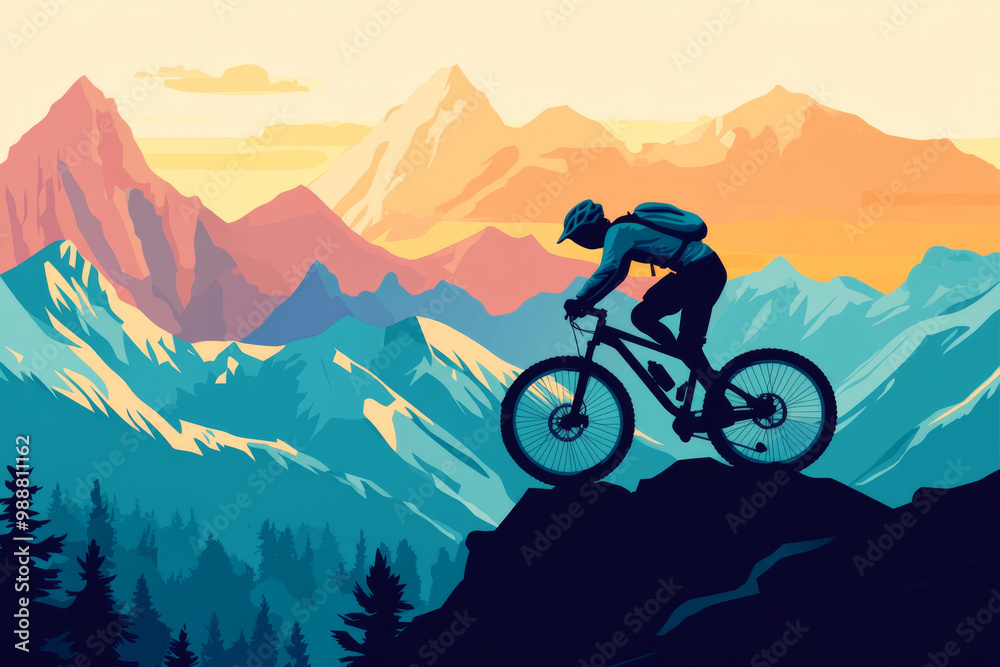 Obraz premium Silhouette of cyclist riding his mountain bike on cliff in the mountains. Adventure and outdoor spirit concept