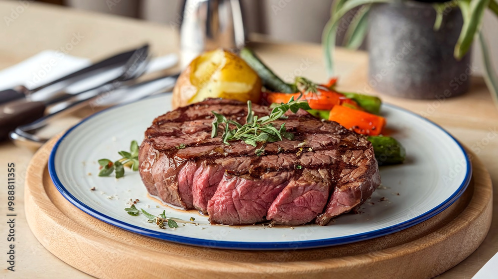A gourmet plate featuring juicy medium-rare grilled Kobe beef steak with herbs and baked potatoes, set against a soft restaurant background, perfect for food and dining visuals. A gourmet plate featuring juicy medium-rare grilled Kobe beef steak with herbs and baked potatoes, set against a soft restaurant background, perfect for food and dining visuals.
