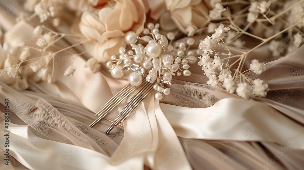 A pearl adorned hairpin combing attached to a silky texture ribbon A pearl adorned hairpin combing attached to a silky texture ribbon
