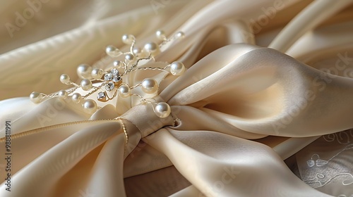 A pearl adorned hairpin combing attached to a silky texture ribbon photo