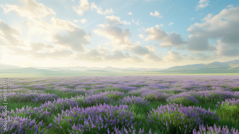 Naklejka premium Lavender field under a bright sky with fluffy clouds during late afternoon in a picturesque rural landscape
