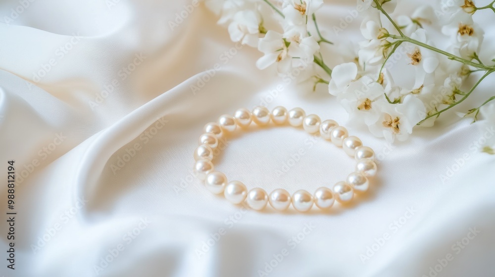 A beautiful hand-crafted pearl bracelet, displayed on a white silk background with delicate flowers placed nearby.