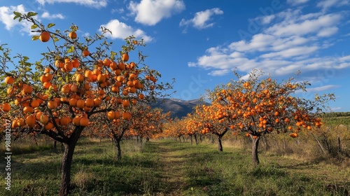 A beautiful autumn landscape with persimmon trees heavy with ripe fruit, their bright orange contrasting against the crisp blue sky.