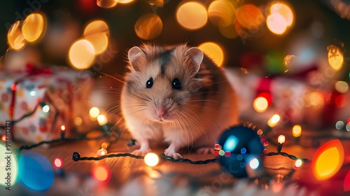 A pet hamster in christmas flanked by colorful toys and shining lights