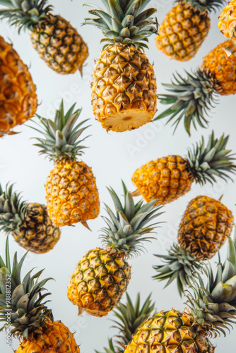 Various falling fresh ripe pineapple on light white background