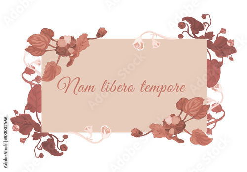 Tinted flowers are put around a rectangular shape on a white background. Frame made from the parts of African violets in bloom with the paper sheet in the center. Floral frame for any design ideas.