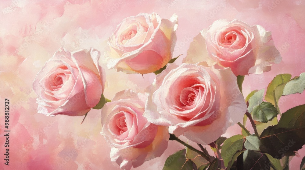 A bouquet of delicate pink roses in full bloom, placed against a soft pink background, evoking romance and elegance. A bouquet of delicate pink roses in full bloom, placed against a soft pink background, evoking romance and elegance.