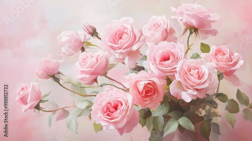 A bouquet of delicate pink roses in full bloom, placed against a soft pink background, evoking romance and elegance.