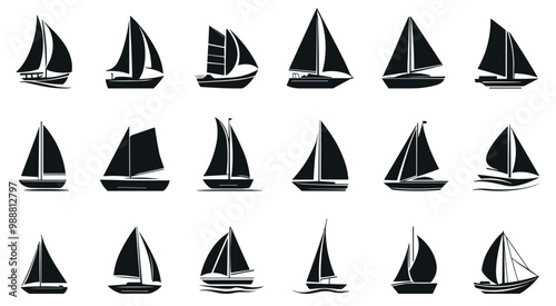 Sailing boat silhouette black icons set. Transport travelling vacation marine ship with sail yacht. Nautical design elements for yacht club sailing simple sport logo in flat style. Isolated vector on