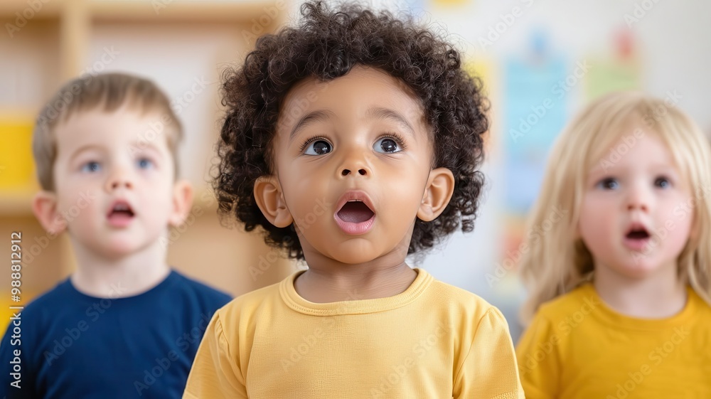 Toddlers singing along with a caregiver during circle time in a daycare classroom sing-along, musical learning Toddlers singing along with a caregiver during circle time in a daycare classroom sing-along, musical learning