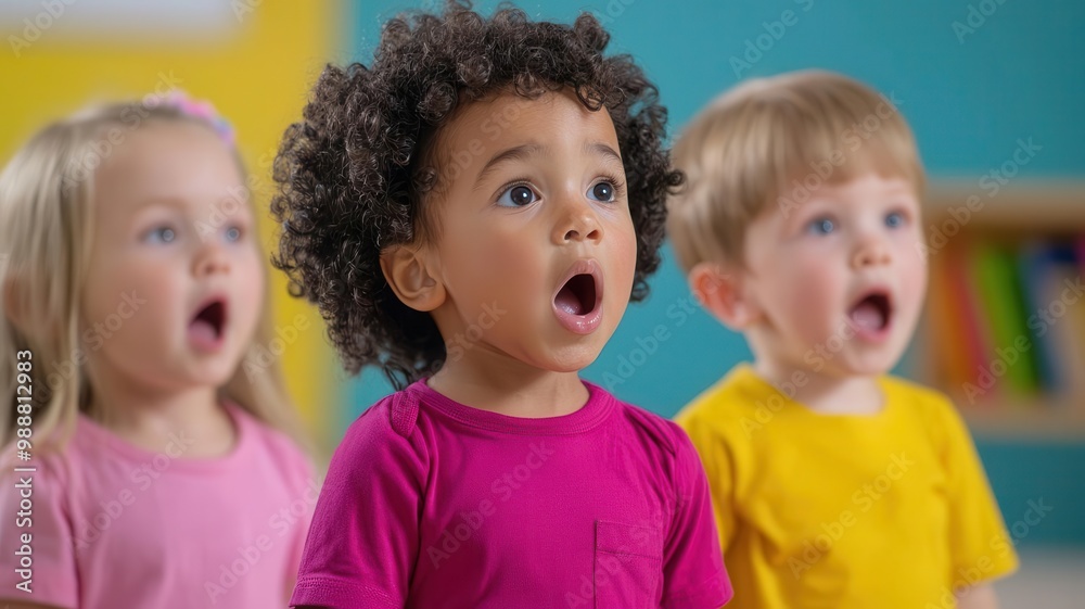 Toddlers singing along with a caregiver during circle time in a daycare classroom sing-along, musical learning Toddlers singing along with a caregiver during circle time in a daycare classroom sing-along, musical learning