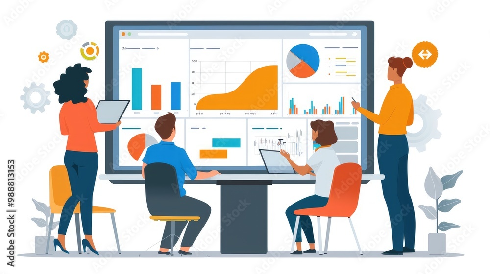 A diverse team of four people analyzing data and charts on a large computer screen. A diverse team of four people analyzing data and charts on a large computer screen.