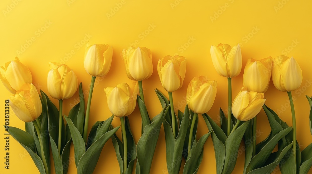 A bunch of fresh yellow tulips arranged neatly against a bright yellow backdrop. A bunch of fresh yellow tulips arranged neatly against a bright yellow backdrop.