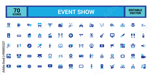 Event Show colorful icon set. Containing entertainment, ticket, stage, spotlight, cinema, magician, concert, event more. Solid color vector icons collection.