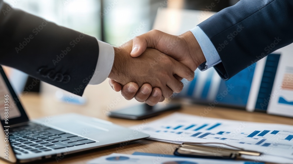 A businessman shaking hands with a financial advisor, with documents and a laptop displaying investment charts on the desk. A businessman shaking hands with a financial advisor, with documents and a laptop displaying investment charts on the desk.
