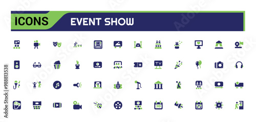 Event Show colorful icon set. Containing entertainment, ticket, stage, spotlight, cinema, magician, concert, event more. Solid color vector icons collection.