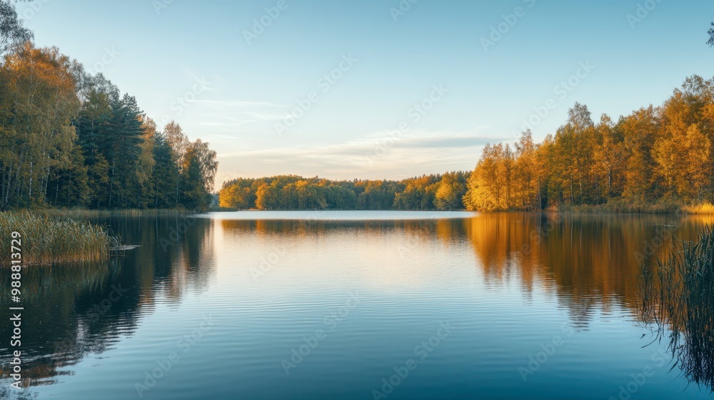 A calm lake surrounded by trees, with the water reflecting the soft light blue hues of the sky at sunset. A calm lake surrounded by trees, with the water reflecting the soft light blue hues of the sky at sunset.