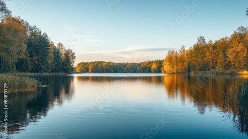 A calm lake surrounded by trees, with the water reflecting the soft light blue hues of the sky at sunset.