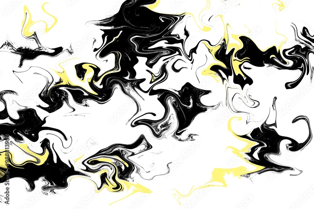 Fototapeta premium Liquid art texture. Abstract background with swirling paint effect. Black and yellow color. Painting with liquid acrylic that pours and splashes.