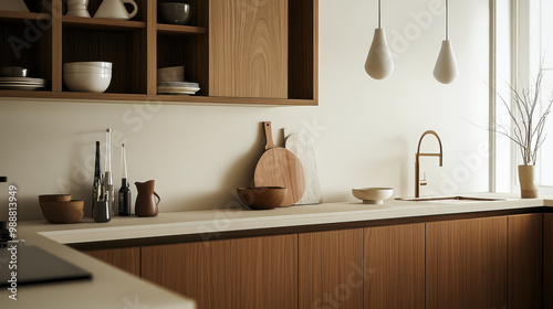 white counter tops and wood cabinets in a modern kitchen photo