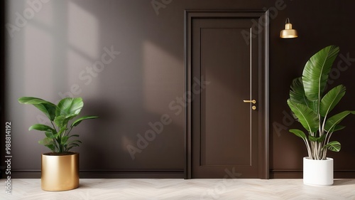 Warm-toned entryway with chocolate walls, gold accents, and a soft glow from elegant lighting fixtures   luxury entrance, warm atmosphere photo