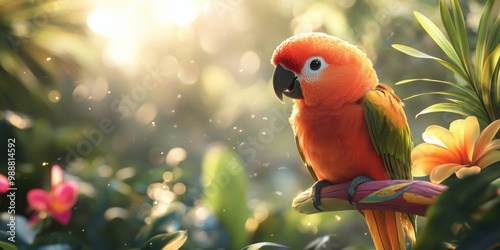 Vibrant Parrot on a Colorful Perch in a Lush Tropical Environment with a Softly Blurred Background photo