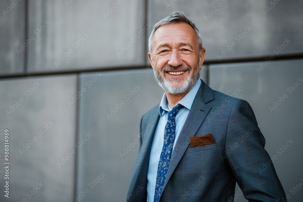 A man in a suit and tie is smiling and posing for a photo. Concept of confidence and professionalism A man in a suit and tie is smiling and posing for a photo. Concept of confidence and professionalism