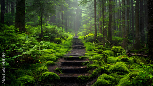 Stone Steps Leading Through a Lush, Mossy Forest