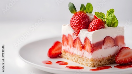 A slice of strawberry cake with whipped cream and fresh strawberries on a white plate.