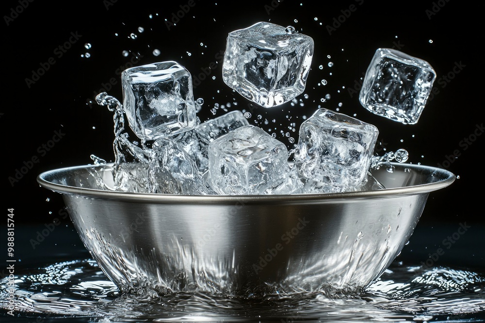Ice Cubes Splashing into a Metal Bowl with Water Ice Cubes Splashing into a Metal Bowl with Water