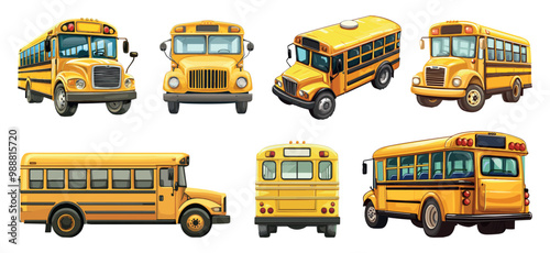 School bus yellow set. Front side back view. Passenger transport. Bus for transporting children. Design element for print poster info board sticker. Different angles. Cartoon style isolated vector