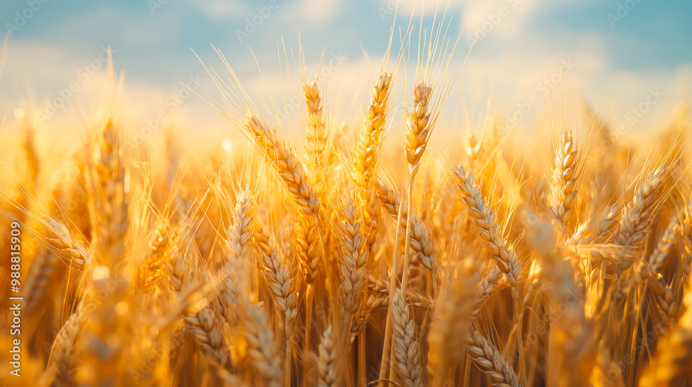 Wheat field with the sun. Golden wheat ears close-up. A fresh crop of rye Wheat field with the sun. Golden wheat ears close-up. A fresh crop of rye