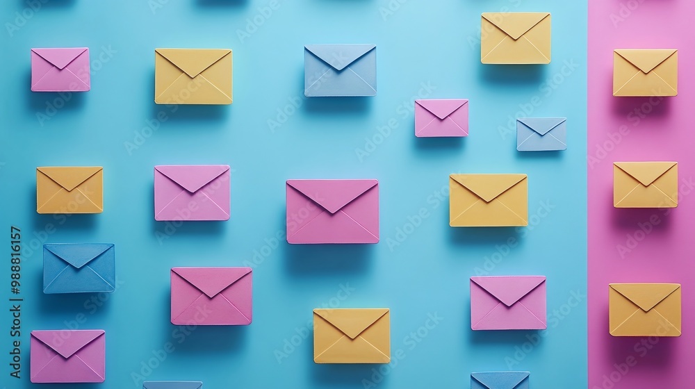Colorful envelopes on a vibrant background, modern design. Email Marketing concept. Colorful envelopes on a vibrant background, modern design. Email Marketing concept.