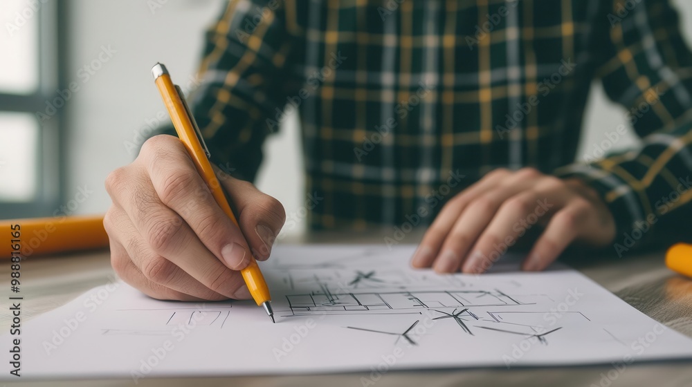 Hands sketching wind turbine designs on eco-friendly paper, surrounded by green business planning materials, Wind turbines, planning eco Hands sketching wind turbine designs on eco-friendly paper, surrounded by green business planning materials, Wind turbines, planning eco