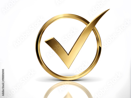 Shiny golden check mark in circle box symbol on white background, metallic gold tick mark sign