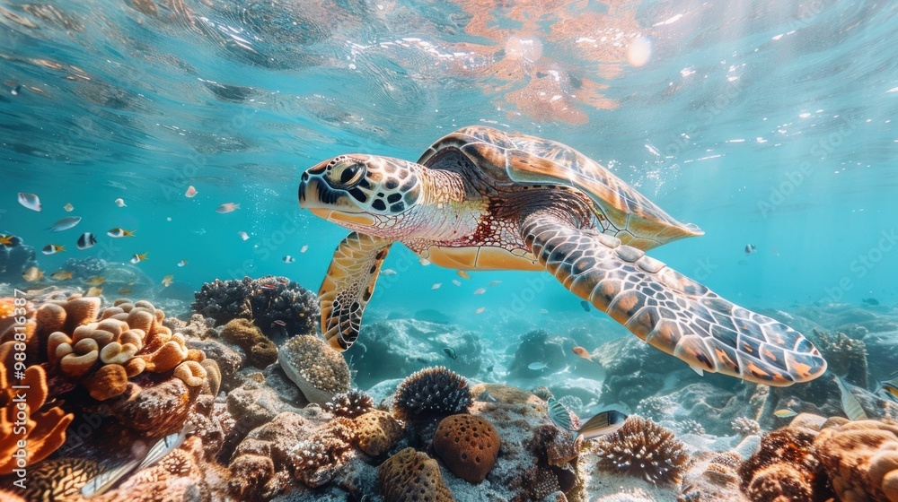 A majestic sea turtle gliding gracefully through the clear blue water. A majestic sea turtle gliding gracefully through the clear blue water.
