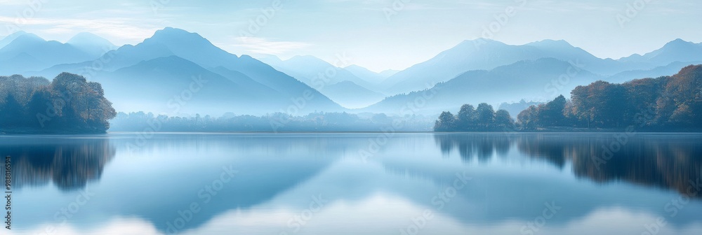 Fototapeta premium Tranquil Lake Serenity, a calm lake mirroring majestic mountains, gentle sky blur, distant trees creating a serene landscape harmony