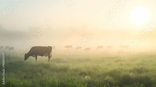 Cows Grazing in a Foggy Field at Sunrise