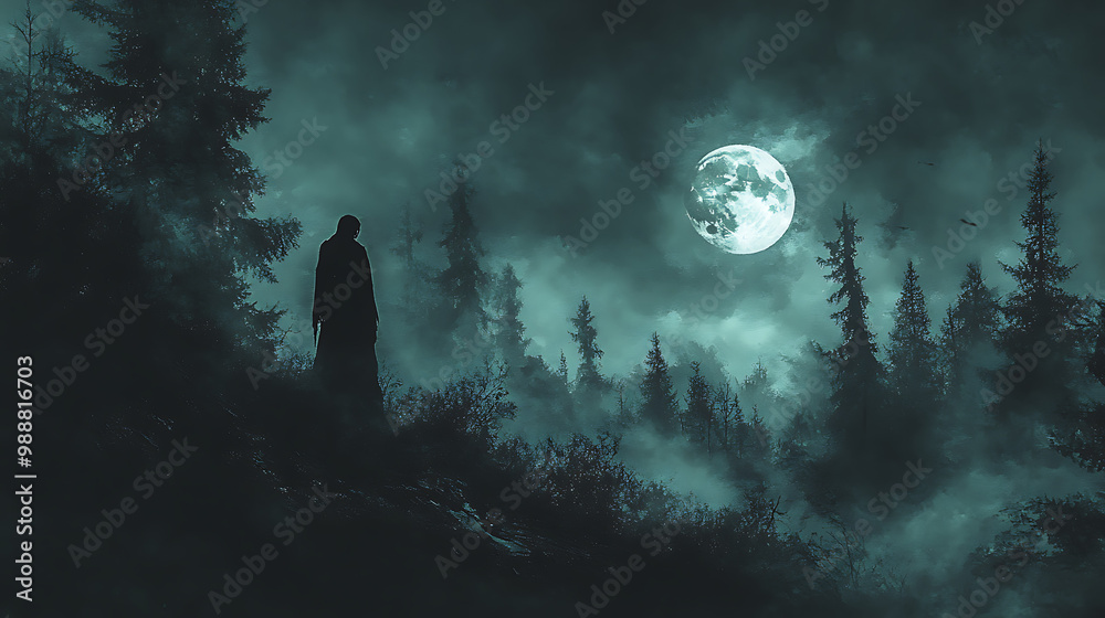 A person is standing in a forest at night, looking up at a large moon