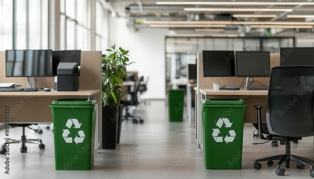 High-end modern office with an eco-friendly theme, complete with stylish recycling stations and green-powered devices, Recycling workspace modern High-end modern office with an eco-friendly theme, complete with stylish recycling stations and green-powered devices, Recycling workspace modern