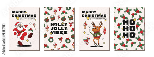 Merry Christmas greeting card collection. New Year Winter poster set with santa claus and deer retro groovy characters, holly branch, wreath, tree toys, candles. Vector illustration, editable stroke.