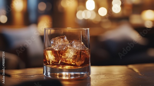 whiskey glass with ice cubes in a cozy bar setting highlighting a luxurious lifestyle drink with premium spirits perfect for relaxing evenings and enjoying a refined atmosphere