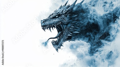 A fierce ice dragon roaring in a frozen tundra, snow swirling around it, digital illustration, dramatic pose, isolated on white background