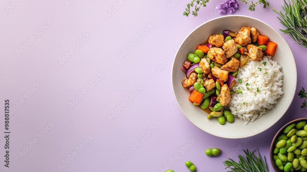 A colorful bowl of stir-fried chicken with vegetables and rice on a pastel background. A colorful bowl of stir-fried chicken with vegetables and rice on a pastel background.