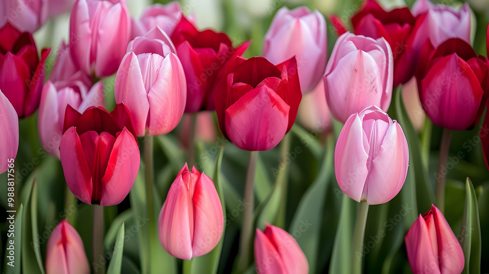 Vibrant Pink and Red Tulips in Full Bloom - Spring Flowers Vibrant Pink and Red Tulips in Full Bloom - Spring Flowers