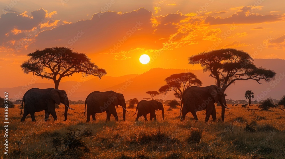 Fototapeta premium A sunset safari scene with an orange sky, silhouettes of elephants and acacia trees creating a dramatic landscape.