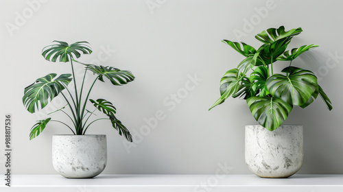 eautiful monstera flower in a white pot stands on a wooden table on a white background